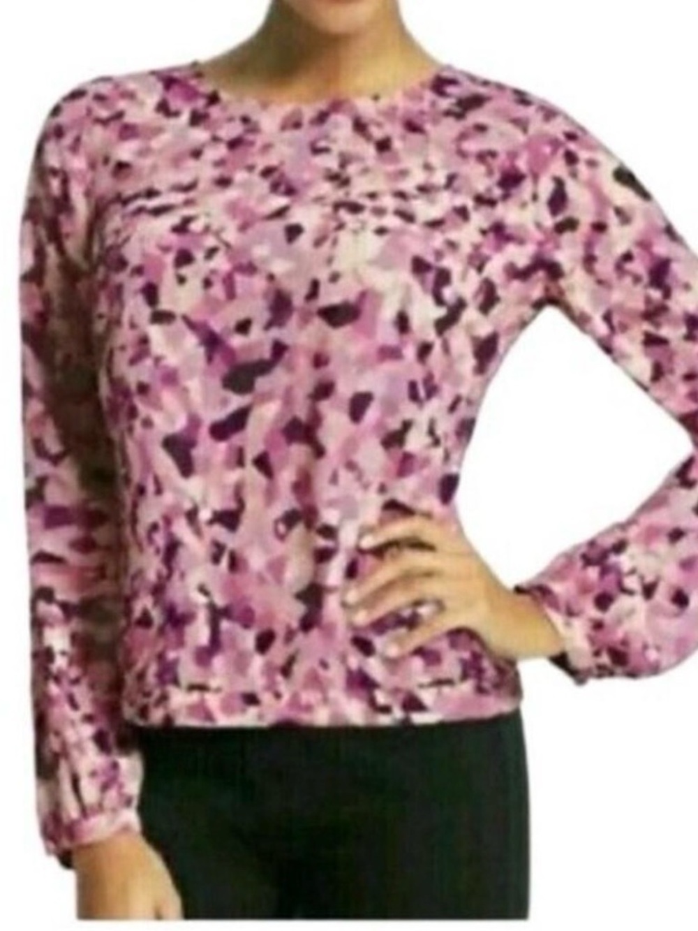 Cabi Kaleidoscope pink and purple tie-back geo long-sleeve blouse M